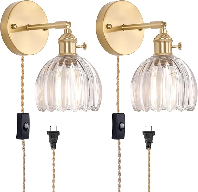 Plug in Wall Sconce, Transparent Tulip Glass Lampshade Wall Light Plugin Corded for Bedside Bedroom Doorway, 2 Pack