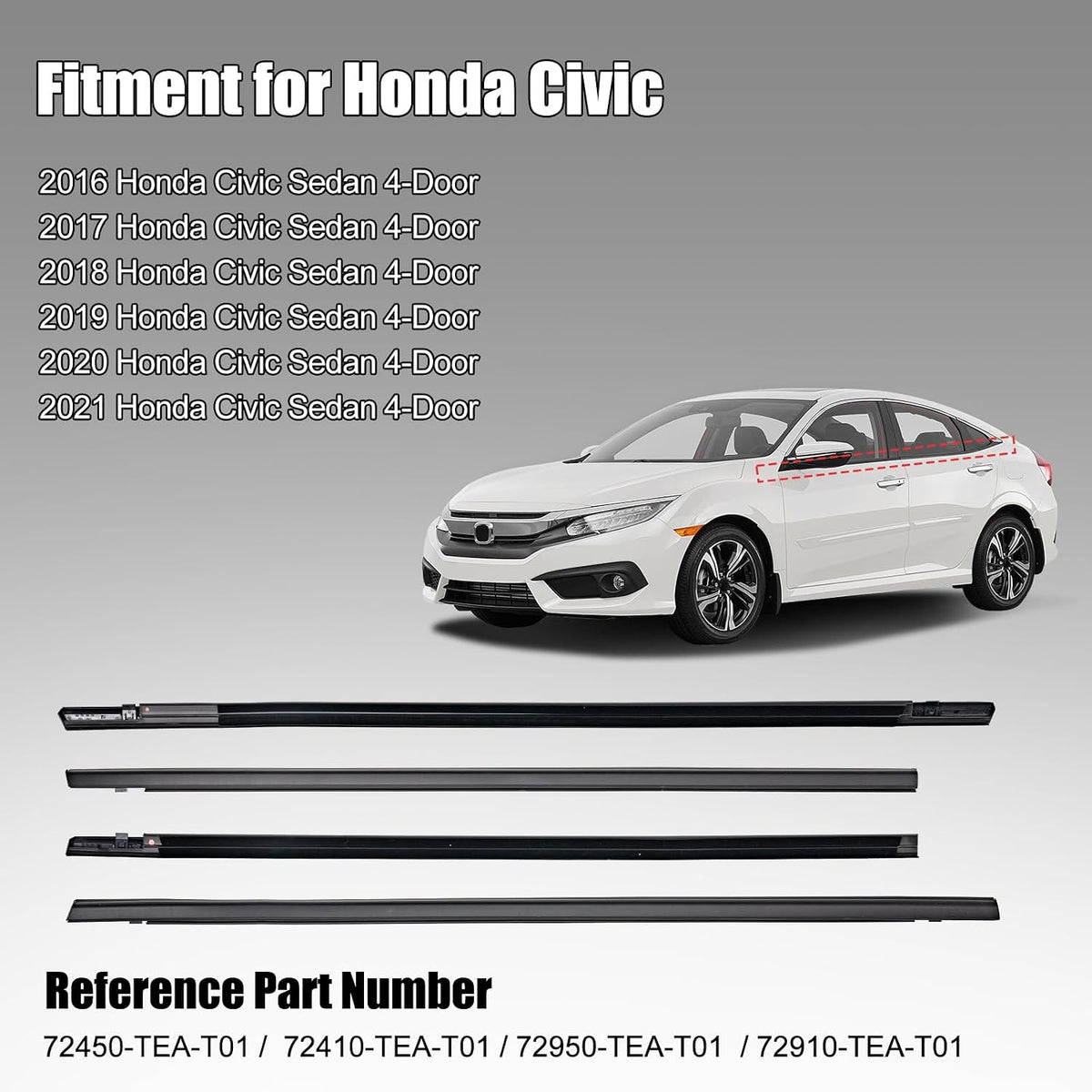 Window Molding Trim Seal for Honda Civic 2016-2021 Accessories, Outer Door Black Rubber Weather Stripping Belt, Replacement 72450-TEA-T01 (4PCS)