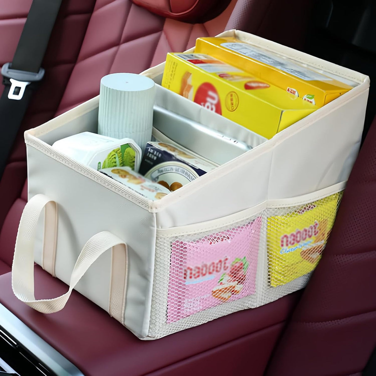 Advanced car seat storage bag is suitable for children and adults. The front and rear seat storage bags are foldable and adjustable. (beige)