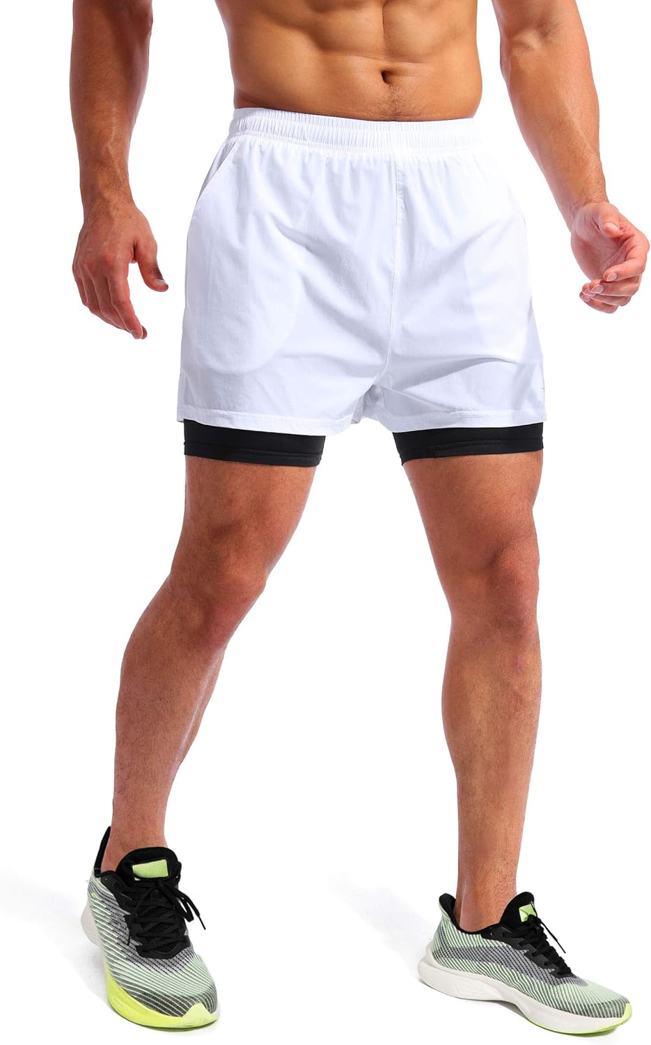 Pudolla Men's 2-in-1 Running Shorts - Quick Dry Athletic Workout Shorts with Phone Pockets | 5" Length