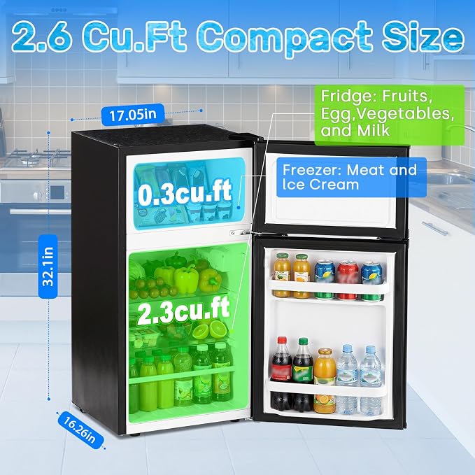 DOGHLY 2.6 Cu.Ft Mini Fridge with Freezer, Double Door Small Refrigerator | Compact Refrigerator with 3 Adjustable Thermostat, Removable Shelf, Low Noise, Small Fridge for Bedroom, Office, Dorm, Black