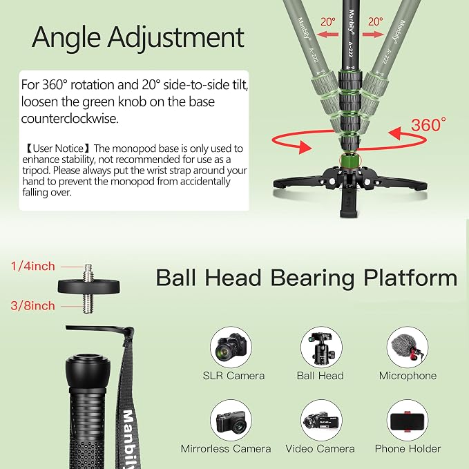 Manbily Camera Monopod with Feet, Aluminum Portable Travel Monopod with