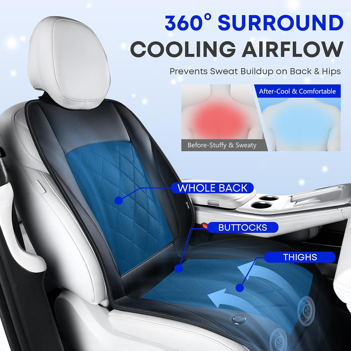 [2026 Upgrade] Cooling Car Seat Cover Ventilated Seat Cushion Summer Driving 12V-24V Ventilated Car Seat Cushion with 2 Powerful Turbo Fans with 3-Speed Adjustable Universal Fit Most Car-Slight Black