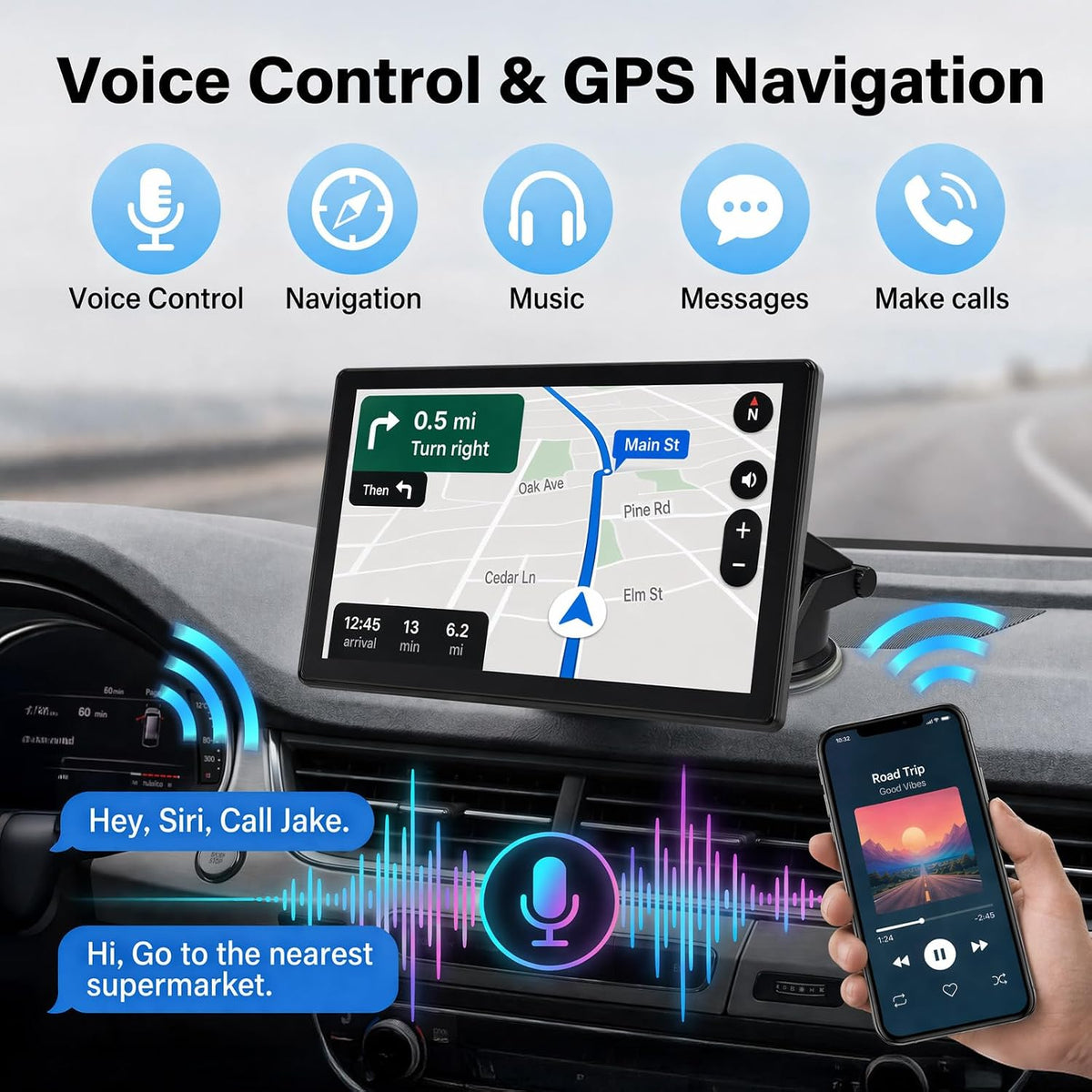 9 Inch Carplay Screen for Car, Wireless CarPlay & Android Auto | Portable Touchscreen with Bluetooth, FM, Mirror Link, Voice Control, GPS Navigation, Hands-Free Calling, Plug & Play