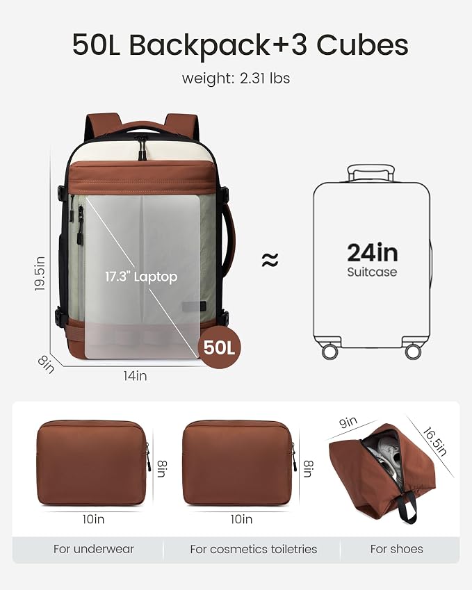LOVEVOOK 50L Travel Backpack for Women Men, Airline Approved Carry On Luggage
