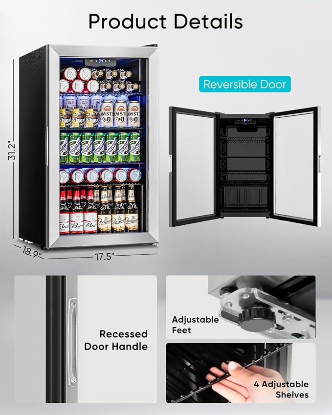 Feelfunn 3.2 Cu.Ft Mini Fridge with Glass Door - 126 Can Beverage Refrigerator Cooler for Drink Beer Wine Soda, Small Refrigerator for Bedroom Office Bar Dorm, 4 Adjustable Shelves, Silver