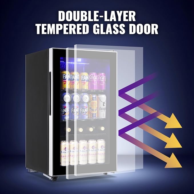 3.5 Cu.ft Beverage Refrigerator & Mini Cooler with LED Touch Panel 125 Can Small Beer Fridge with Glass Door for Wine Soda Juice Clear Front Removable Shelves for Home Office Bar
