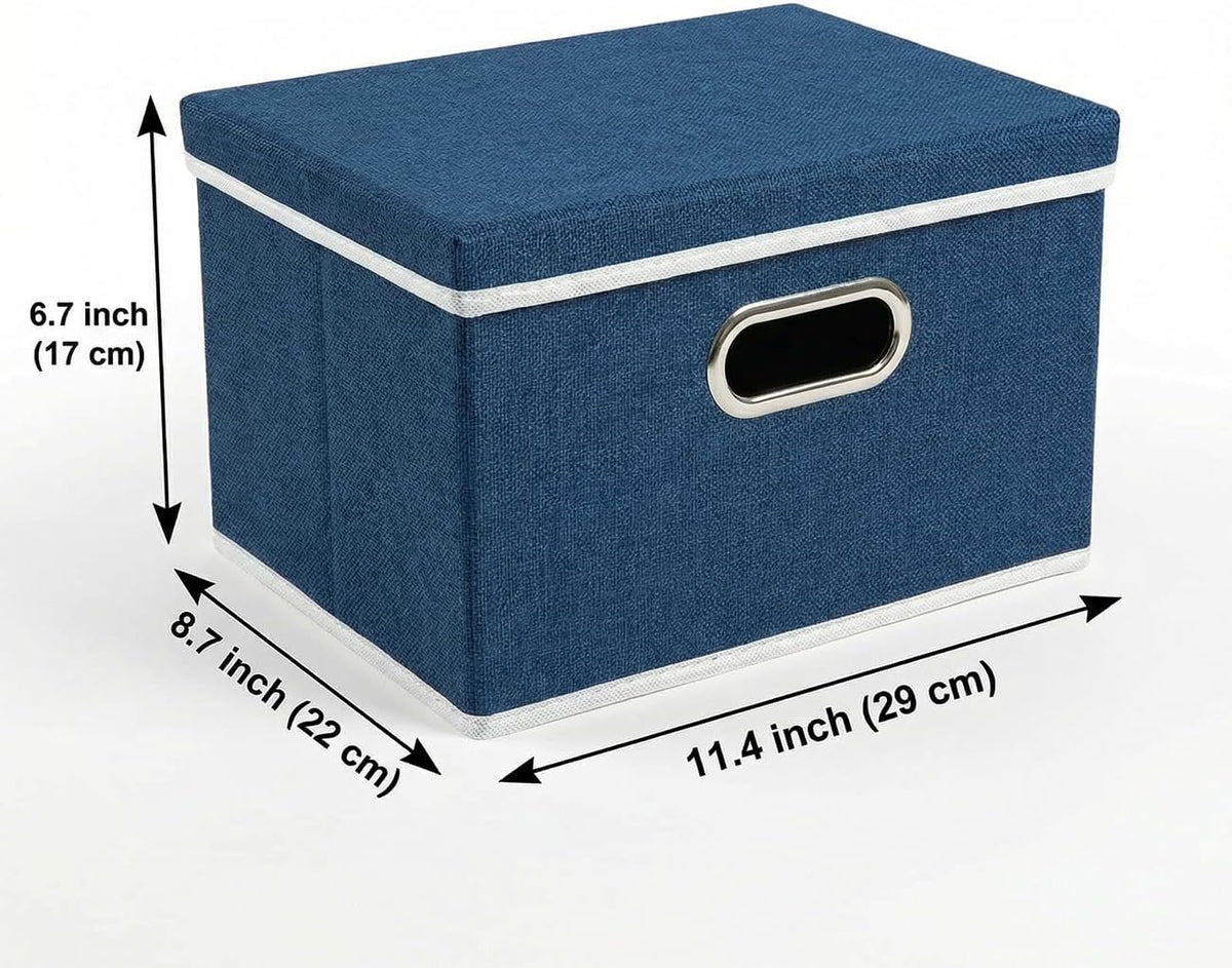 PRANDOM Storage Bins with Lids [3-Pack] Linen Fabric Foldable Storage Boxes Organizer Containers Baskets Cube with Cover for Bedroom Closet Office Royal Blue（11.4X8.6X6.7