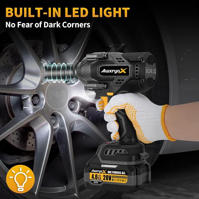 1700Nm Impact Wrench, 20V 1254Ft-lbs Brushless Impact Gun with 2x4.0Ah Battery, 1/2" High Torque Pistola De Impacto with 6 Socket, Electric Impact Llave Driver for Truck/Mower/Car/Industrial
