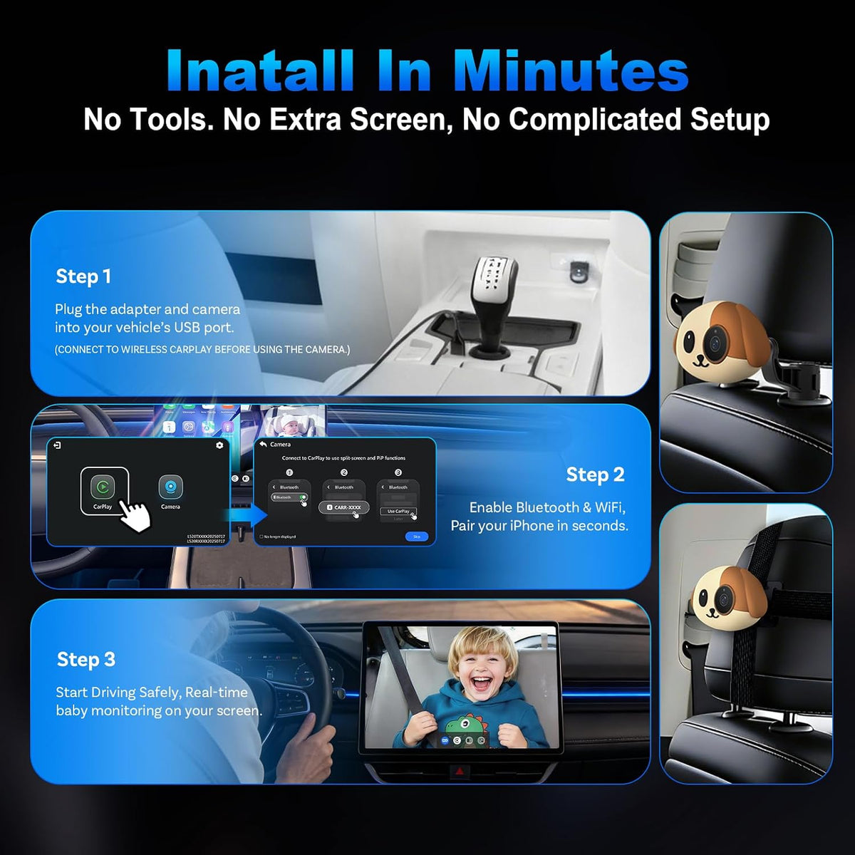 Cabin Care 1080P Baby Car Camera with Wireless CarPlay Adapter for iPhone Only, Real-Time Rear Seat Monitor, 150° Wide-Angle, IR Night Vision, Works with Factory Wired CarPlay (Dog)