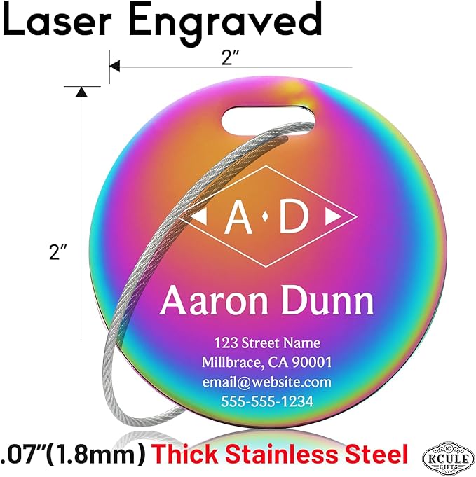 Personalized Luggage Tags for Suitcases - Stainless Steel Custom Luggage Tags for Backpacks & Bags, Sturdy, Waterproof & Heavy Duty (Rainbow/Round)