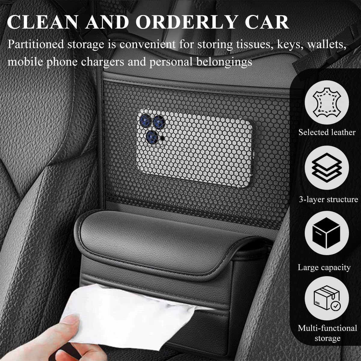 DXNQ Car Organizer Storage Between Seats, Leather Large Capacity Automobile Handbag Hanging Store Content Bag, Auto Console Organizer Holder for Snack Phone Document Storages, Car Accessories (Black)