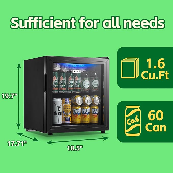 Beverage Refrigerator Cooler 1.6 Cu.Ft 60 Can Mini Small Fridge Black | Large Capacity with Glass Door, LED Light & Adjustable Shelves for Soda Beer Wine, Perfect for Home Bar Office