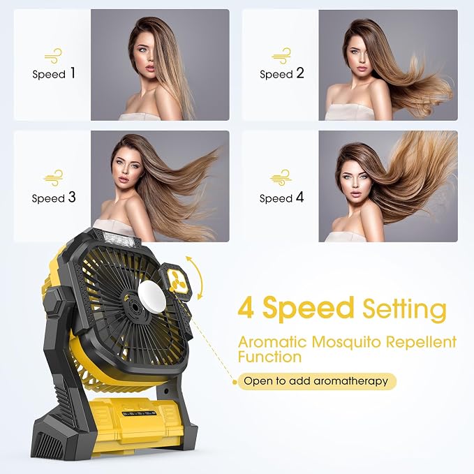 ONLYNEW Portable Fan Rechargeable, 20000mAh Cordless Battery Powered Fan with LED Lantern, USB C Battery Operated for Travel Bedroom Home Camping Tent Office Beach Desk Fishing Table (Yellow)