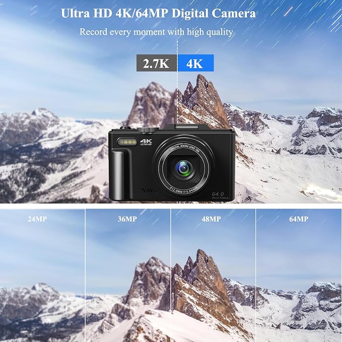 4K Digital Camera for Photography, 64MP Vlogging Camera for YouTube, WiFi Vlog
