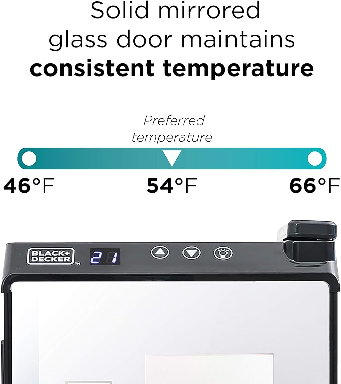 BLACK+DECKER 8-Bottle Thermoelectric Wine Chiller, BD60326, Mirrored Door | Thermoelectric Wine Cooler with Temperature Control, 8 Bottle Fridge for Reds, Whites and More, LED Display, Chrome Racks