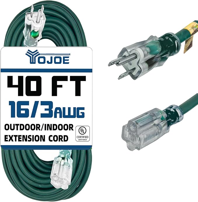 YOJOE Indoor Outdoor Extension Cord with Lighted End, 3 Prong 13A Weatherproof Power Cord, 16 Gauge Heavy Duty 40 ft Green Extension Cord for Garage, Garden and Home, 16/3 SJTW UL Listed