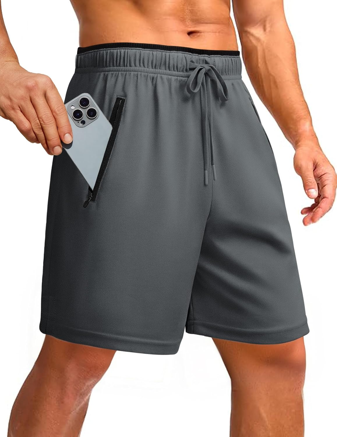 PINSPARK Men's Athletic Running Shorts - 7" Quick Dry Mesh Workout Shorts with Zipper Pockets