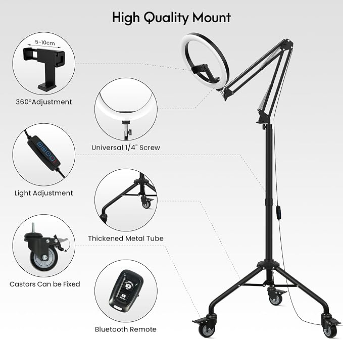 LUXSURE Tripod for iPhone with Ring Light, Overhead Camera Mount with Casters