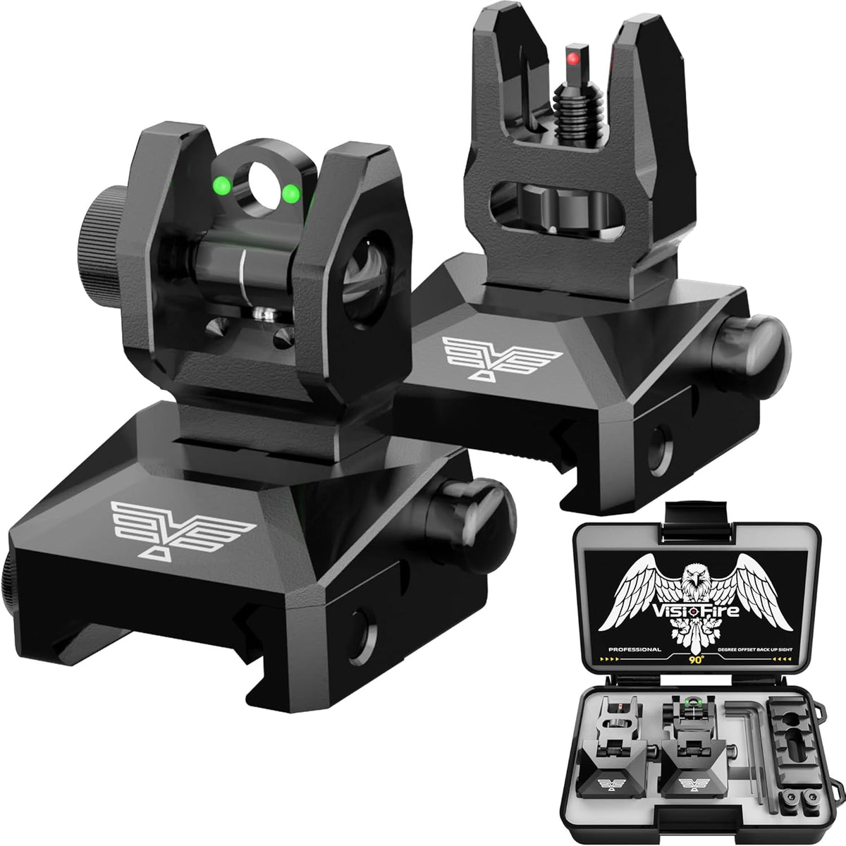 Visiofire Fiber Optic Iron Sights - Tool-Free Adjustable Flip Up Front & Rear Backup Sights | Red & Green Dots