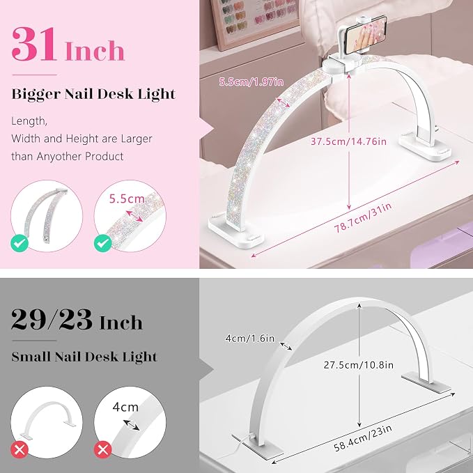LIONVISON Half Moon Light for Nail Desk: 31-inch Manicure Table Light - 48W