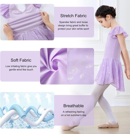 DIPUG Ballet Leotard for Girls - Shiny Toddler Dance Outfit with Skirt & Butterfly Design