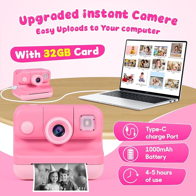 Kids Instant Print Camera with Carrying Bag, 1080P HD Girl Camera with 4 Print