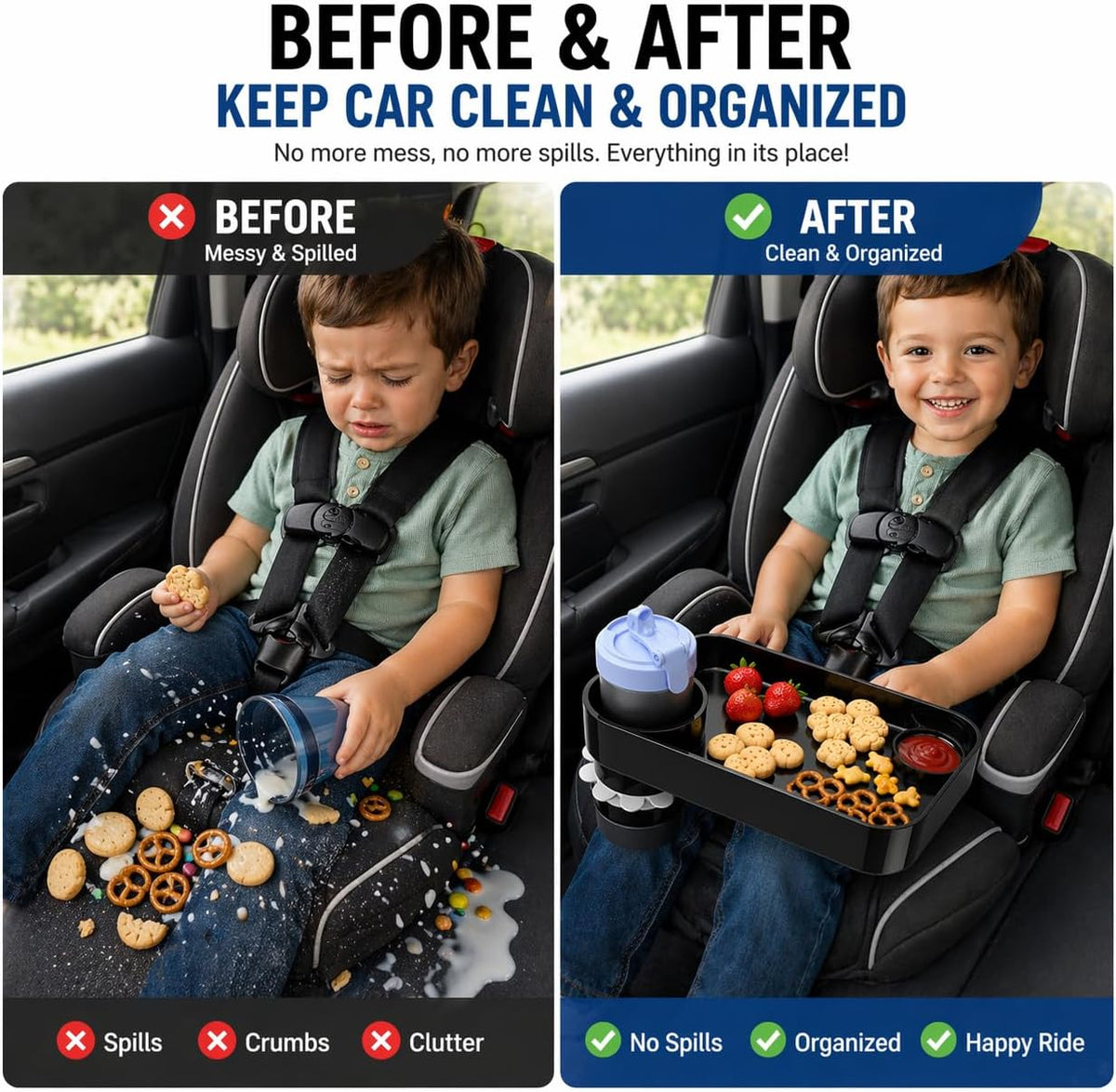 Car Seat Snack Tray for Toddlers, Reduces Mess Square Travel Tray Cup Holder Snack Tray, Durable Car Food Tray for Kids, Universal Fit Kids Travel Road Trip Essentials (Black)