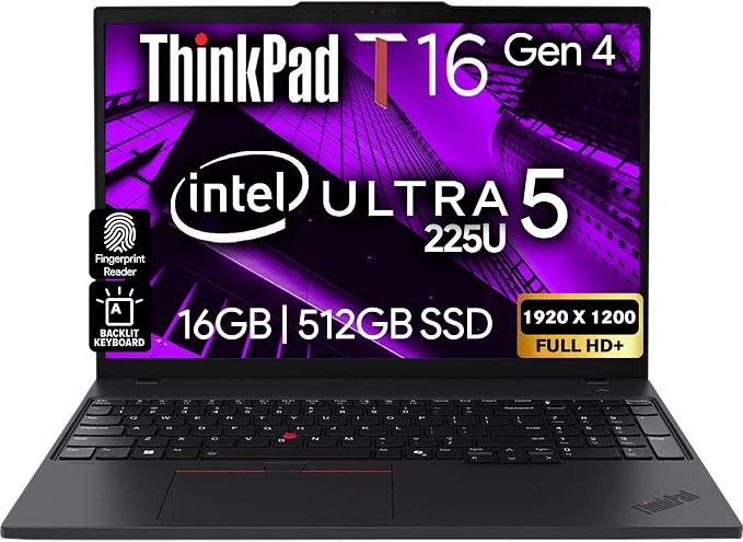Lenovo ThinkPad T16 Gen 4 Business Laptop 16 FHD+ Display, Intel Ultra 5-225U (Beats i7-1355U), 16GB DDR5 RAM, 512GB SSD, 5MB Webcam, Fingerprint, Backlit KB, WiFi 6E, RJ-45, Win 11 Pro