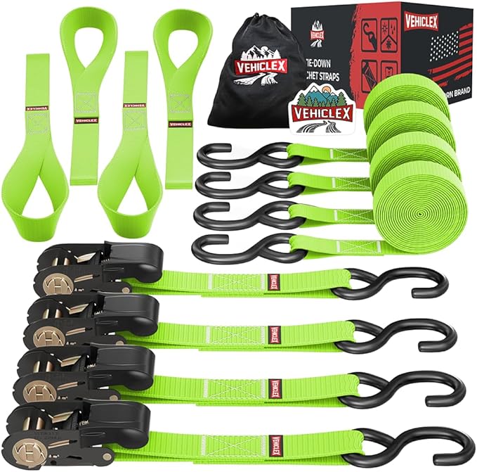 Ratchet Tie Down Straps (1,800 lbs Break Strength) - Vehiclex 15 Ft Versatile Straps for Powersports, Garage, and Outdoor Use - Soft Loops, Deep S-Hooks & Comfort Grip Handle (4 Pack, Green)