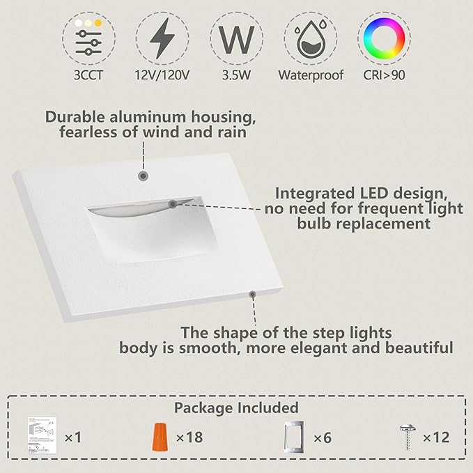FTL Outdoor Step Lights LED Stair Lights Indoor, 12V 3.5W Low Voltage Step Light 3CCT 3000K/4000K/5000K Color Changing 150LM, Aluminum Outdoor Deck Stair Light White Lights for Stairs, 6 Pack