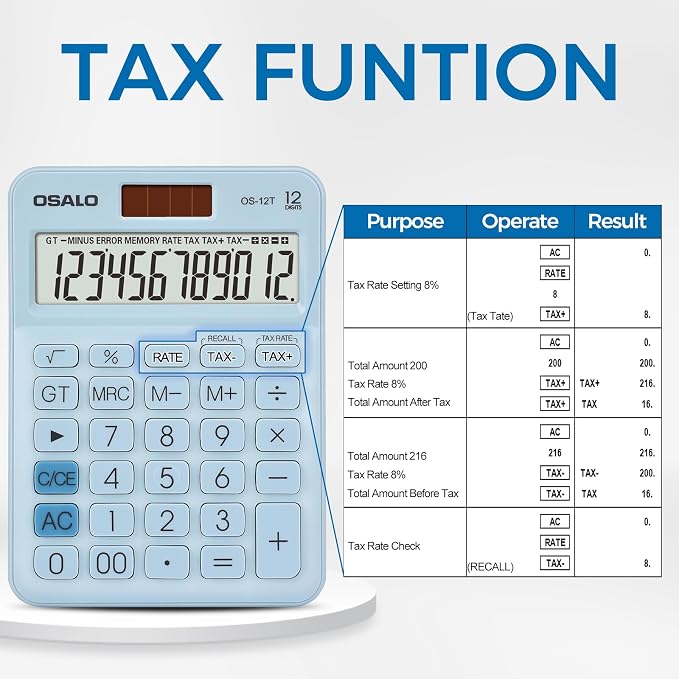 Pocket Small Size Desk Calculator, 12 Digit Large LCD Display, Basic Tax