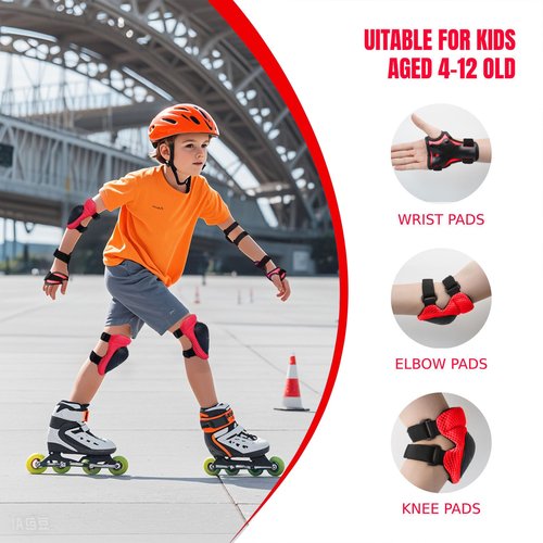 GEQID Kids Knee Pads Elbow Pads Wrist Guards Set ,Protective Gear for 4-6-12 boys girls roller skating scooter skateboarding bike (Red, Free Size (4-12 years or 40-80lbs))