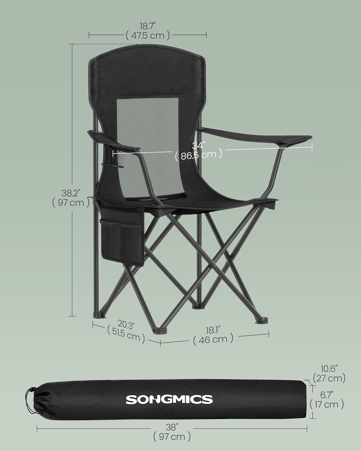 SONGMICS Foldable Camping Chairs - Breathable High Back Design with Adjustable Armrests & Drink Holder | Set of 2, Ink Black, 330 lb Capacity