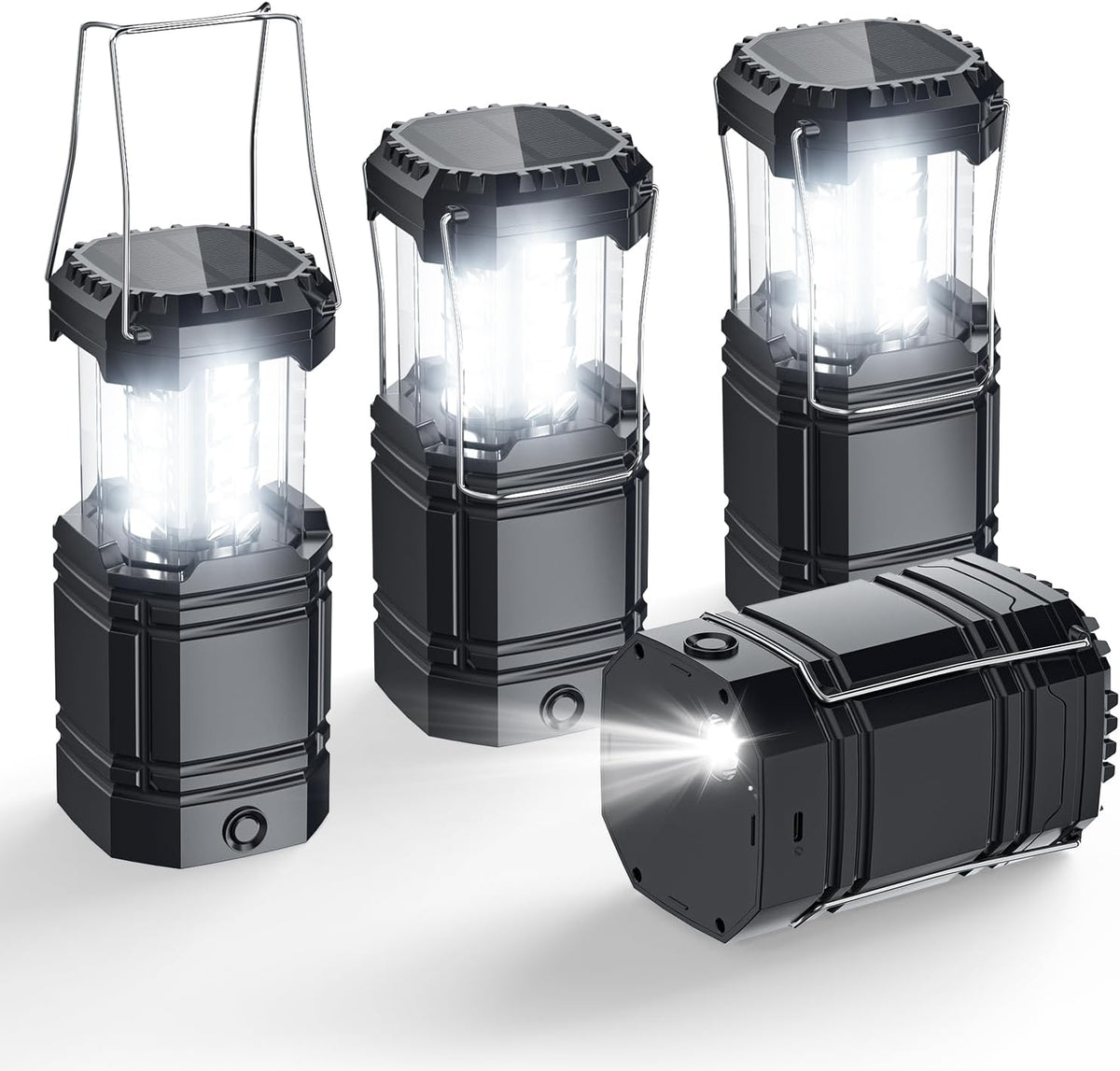 Solar Camping Lantern 4 Pack - Rechargeable LED Lights with USB-C & Solar Power | Collapsible Emergency Flashlights
