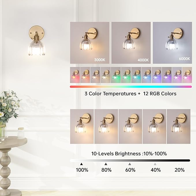 Vintage Battery Operated Wall Sconce with Transparent Tulip Glass Lampshade Rechargeable Battery Powered Wall Light with Remote Control for Bedside Bedroom Doorway, Set of 2