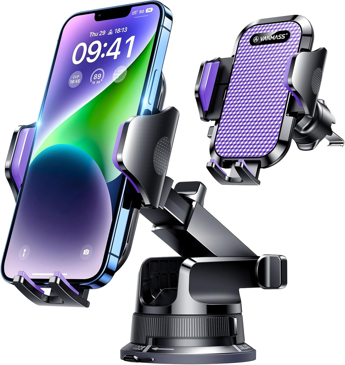 VANMASS [True Military-Grade] Car Phone Holder [Upgraded Suction & Clip] Cell Phone Mount for Dashboard Windshield Vent Truck Cradle Dash Stand for iPhone 16 Pro Max 15 14 13 12 Android, Purple