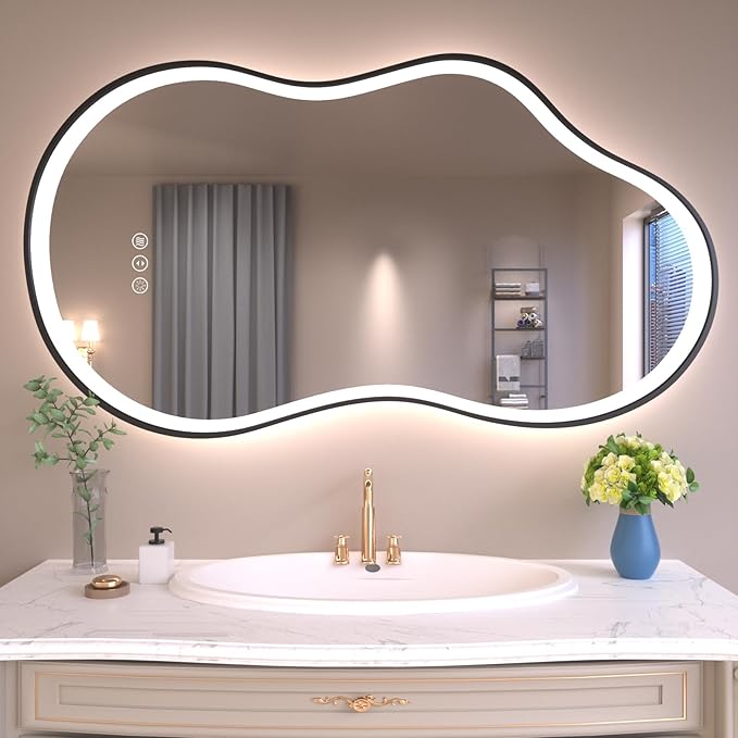 WTTY LED Irregular Bathroom Mirror 20x36 Inch with Front & Back Lights - Asymmetrical Design, Anti-Fog, Dimmable 3 Color Temperatures, Shatterproof Glass, Horizontal or Vertical Mount (Black Frame)
