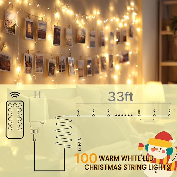 Warm White Led Connectable String Lights, 8 Modes Christmas String Light Plug in Classroom Lights, 33ft 100 LED Fairy Twinkle Light Outdoor for Christmas Tree Decor