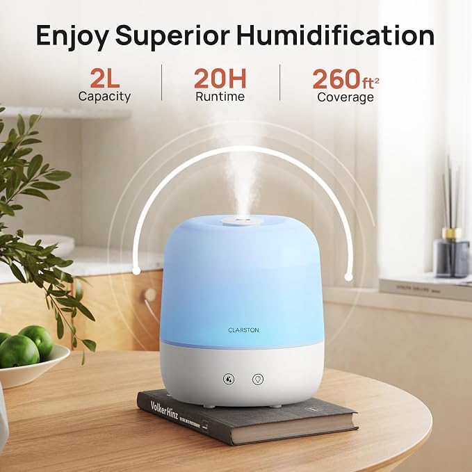 Clarston Humidifiers for Bedroom, 2L Top Fill with 360° Nozzle for Large Room, 7-Color Night Light, 24dB Quiet Cool Mist Air Humidifier for Baby Nursery & Plants, No BPA, Auto Shut Off, Easy to Clean