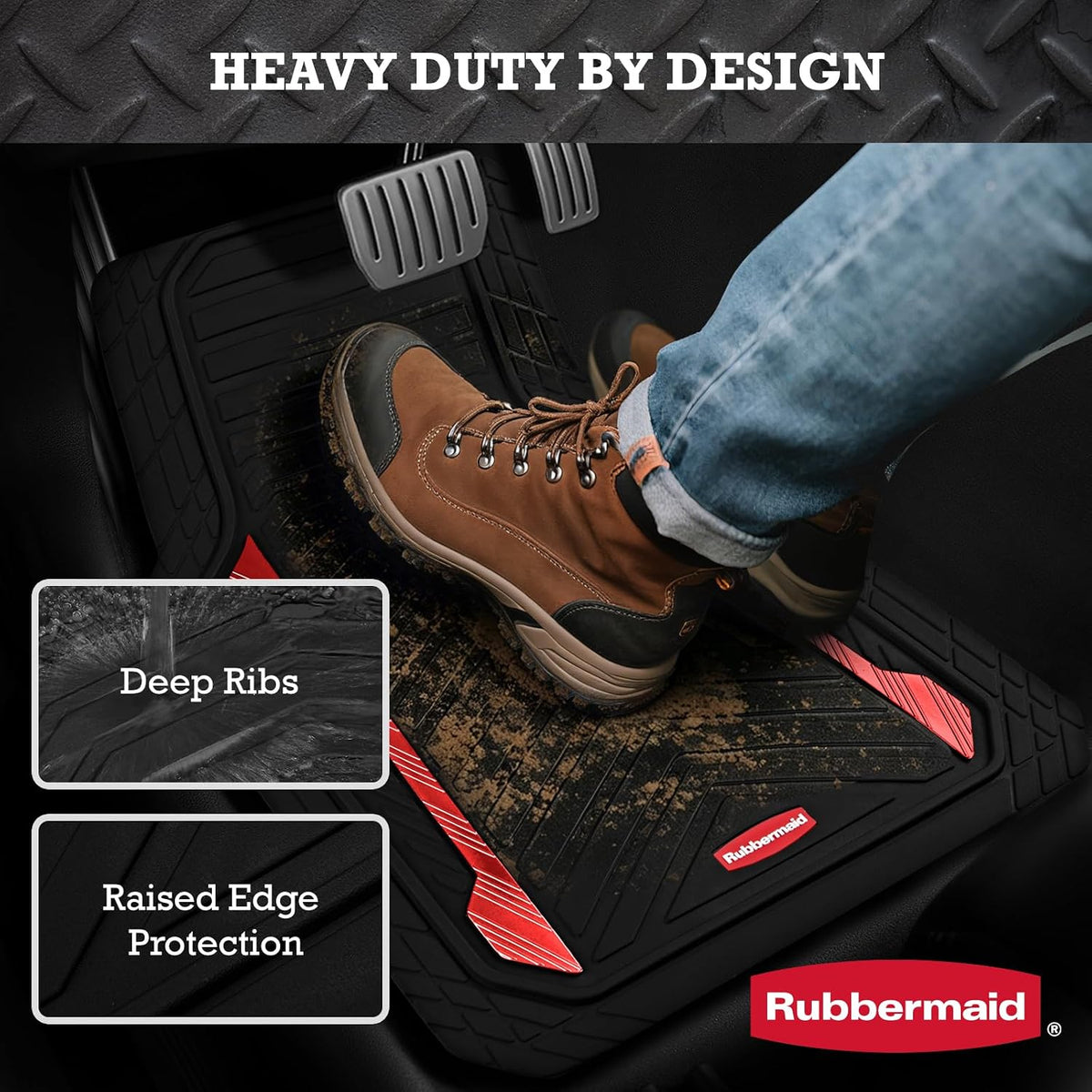 Rubbermaid Car Floor Mat, Heavy Duty All-Weather Car Mats Full Set with Dual-Tone Red Aluminum Inserts – Universal Fit, Anti-Slip Backing, Trim-to-Fit for Most SUV, Sedan, Van
