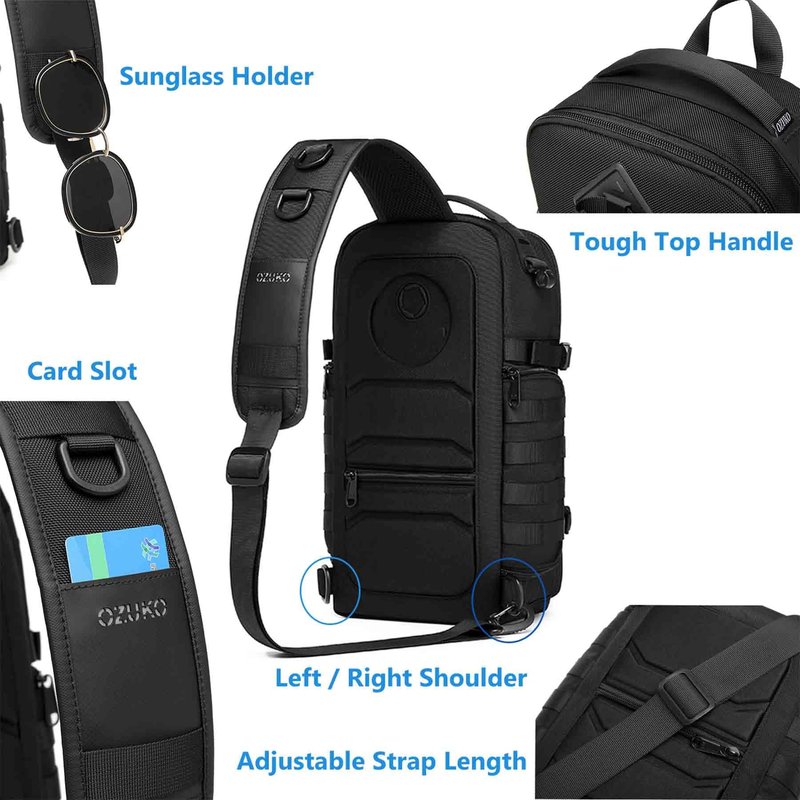 Uaskmeyt Sling Bag for Men, Tactical Sling Backpack Shoulder Crossbody Bag Waterproof Anti-Theft Travel Sports Bag Large Capacity for 12.9 inch Ipad (Black)