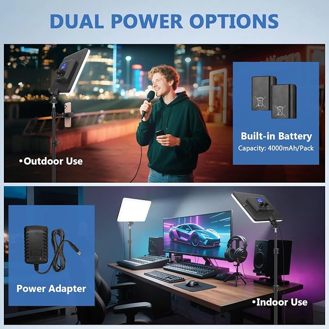 2 Pack Led Video Light Kit, 4000mAh Rechargeable Lithium Battery, Light Panel