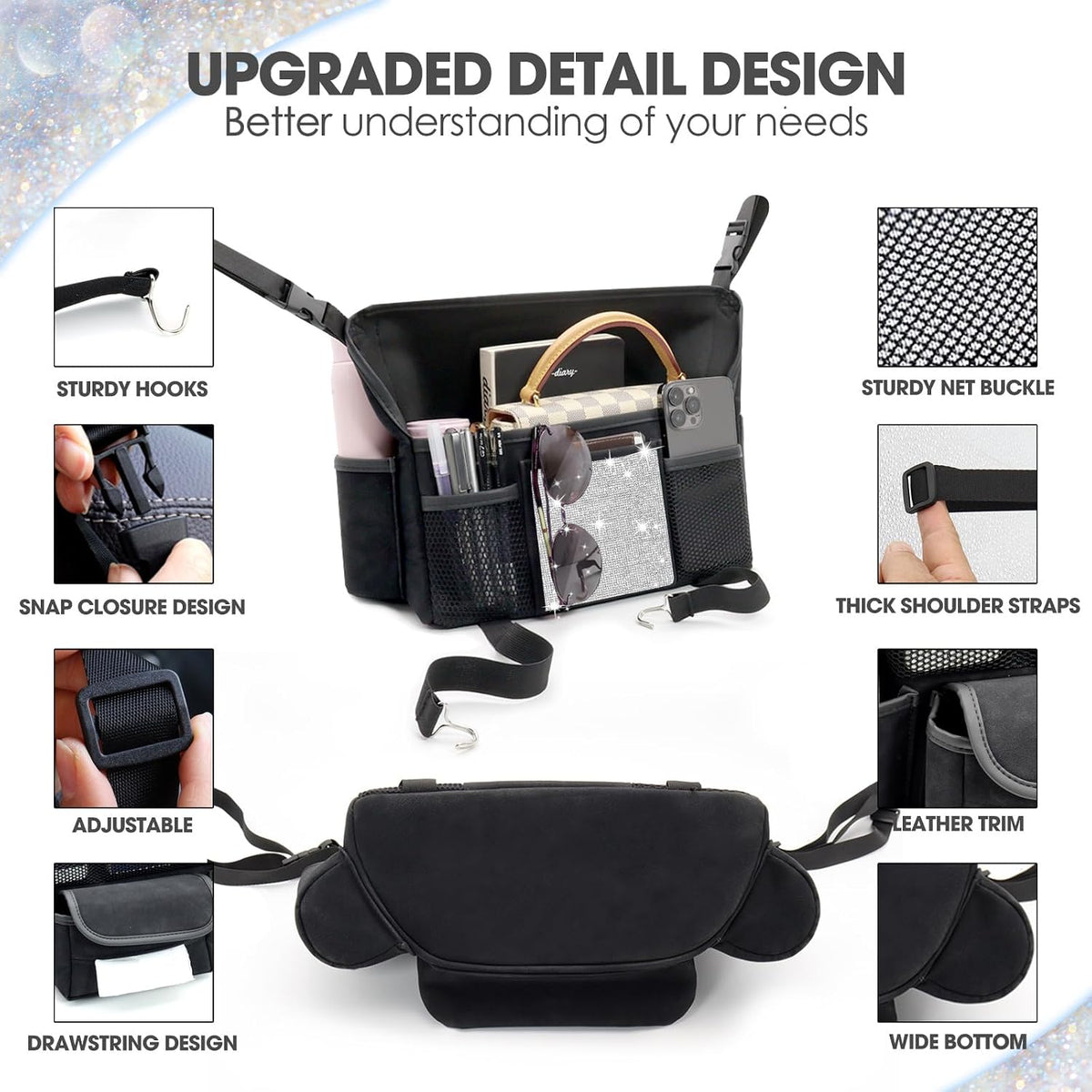 White Diamand Car Handbag Holder Between Seats Bling Crystal Car Storage Bag Large Capacity Purse Phone Ipad Automotive Consoles Organizer Safe Barrier of Backseat Pet Kids
