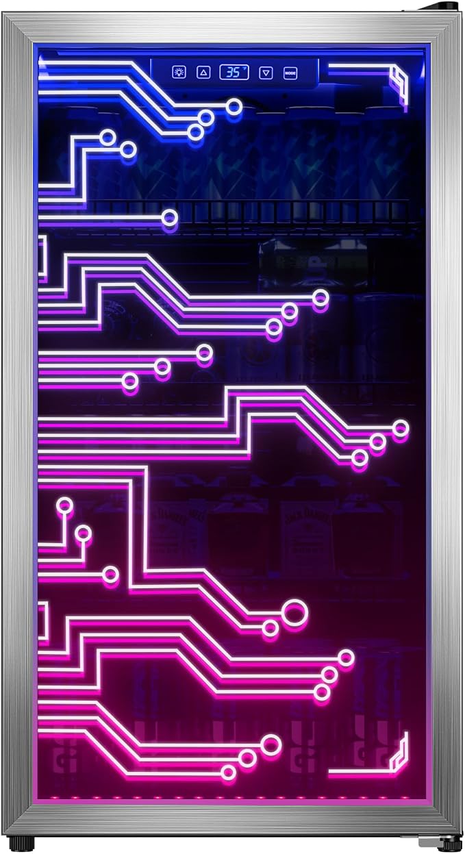 Cyberpunk Beverage Cooler, 130 Can Mini Fridge, LED Light Door, Gaming Room | Colorful LED Ambient Lighting, Freestanding for Bar & Party, Adjustable Shelves for Cans & Bottles