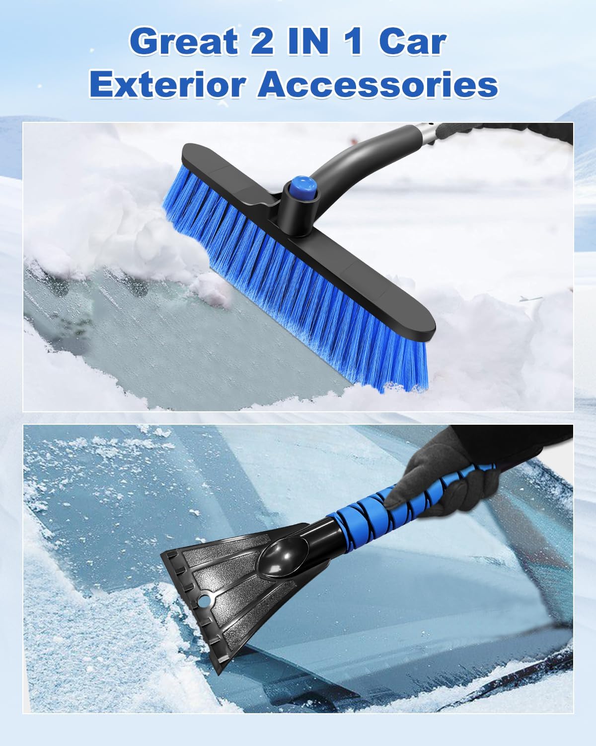 Ice Scraper Brush for Car Windshield Window, 26'' to 33'' Aluminum Extendable Snow Brush for Car Window with Foam Grip and 360° Pivoting, Soft Broom Head for Car Vehicle Accessories