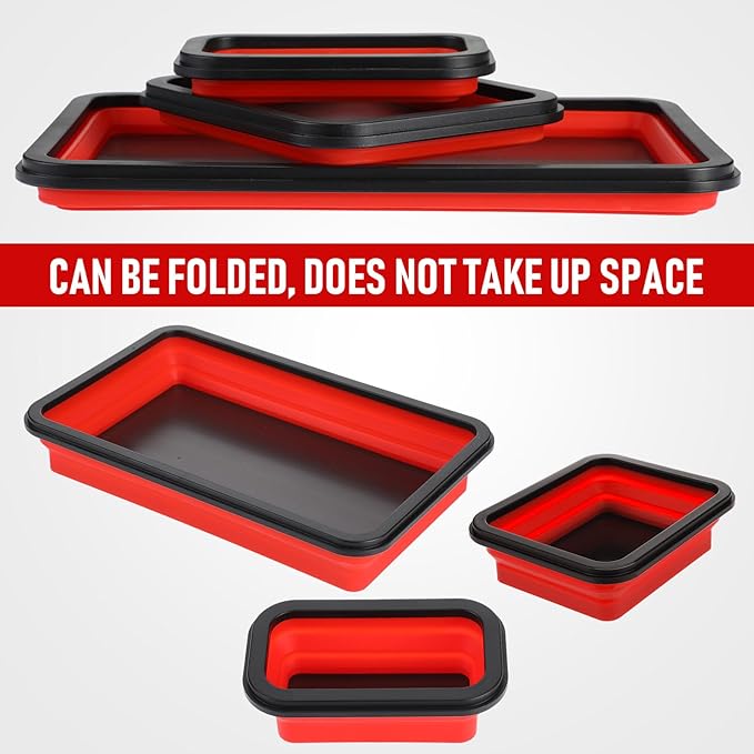 12 Pcs Collapsible Magnetic Parts Tray Set Foldable Tool Storage Organizer Magnetic Tray 3 Different Size Collapsible Bowl for Screw, Bolts, Nuts, Washers, Pins, Tool Gift for Men (Red, Black)
