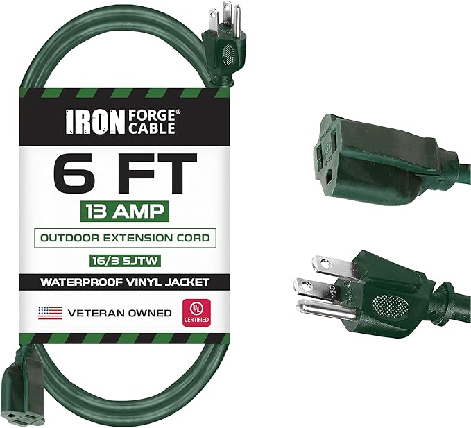 Iron Forge Cable Weatherproof 6 Ft Outdoor Extension Cord - 16/3 SJTW Heavy Duty Green Extension Cord 3 Prong - 13 Amp Exterior Power Cable