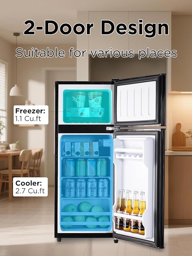 F.W.WOOLWORTHS 3.8 Cu.Ft Refrigerator with Freezer | Compact Fridge with 2 Doors for Office, Kitchen, Dorm and Bedroom, 7 Level Temp Adjustable Thermostat, Black