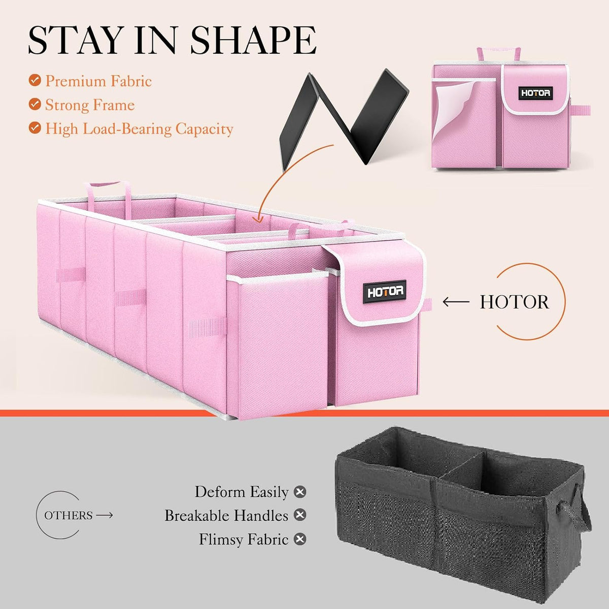 HOTOR Trunk Organizer, Sturdy Foldable with Cooler for Car & SUV, 3 Compartments, Pink, 30.90”×12.60”×10.63”